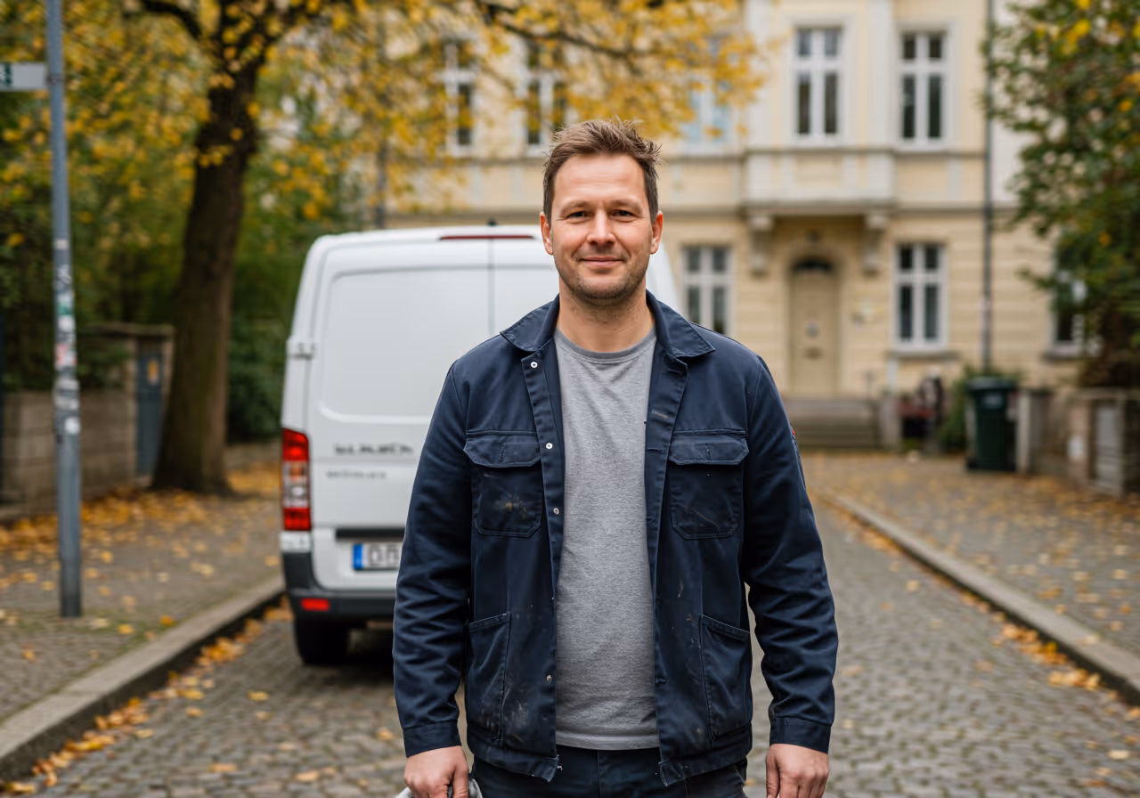 Dachrinnenreiniger in Berlin — freundlicher Fachmann vor dem Servicefahrzeug