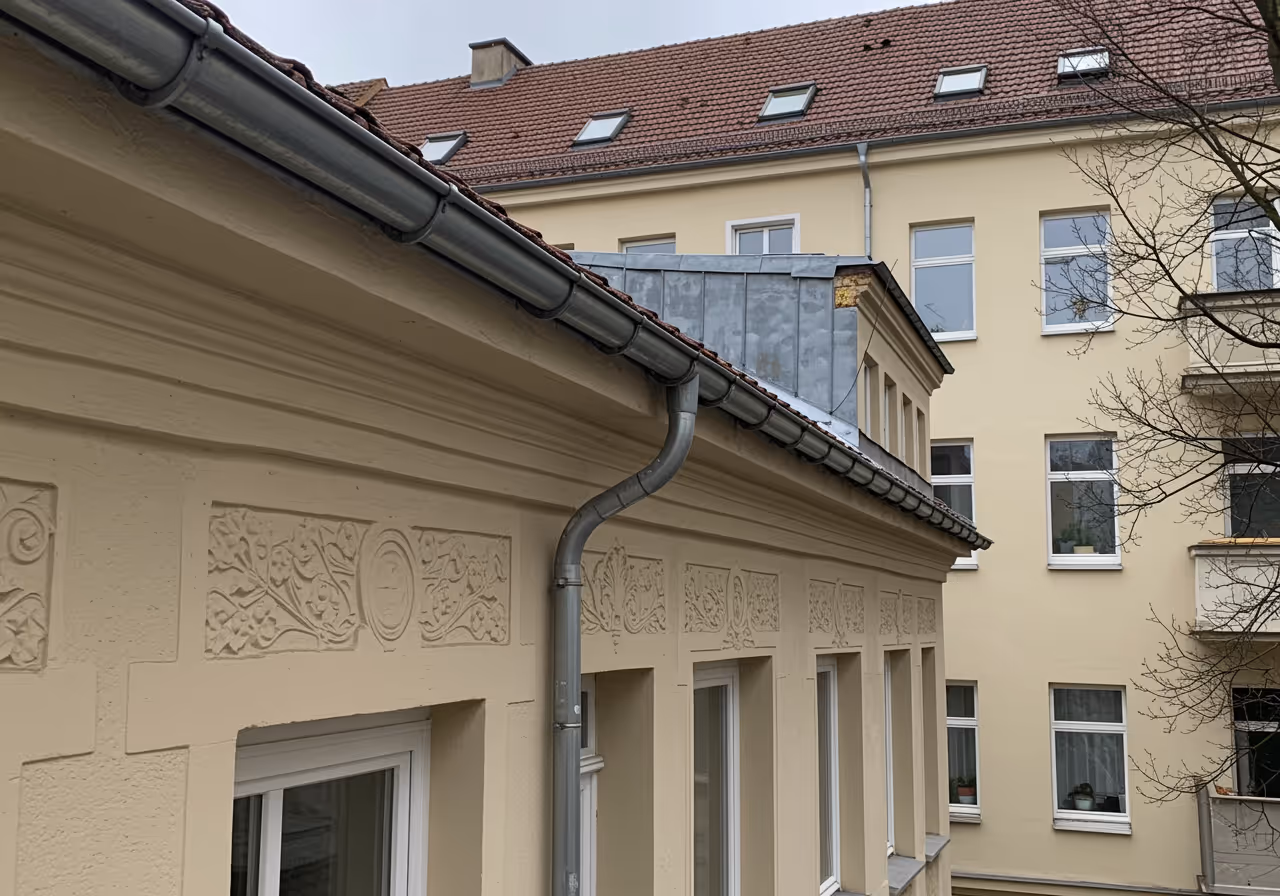 Neue Kupfer-Dachrinne an einem Berliner Gründerzeithaus — Dachrinnenmontage