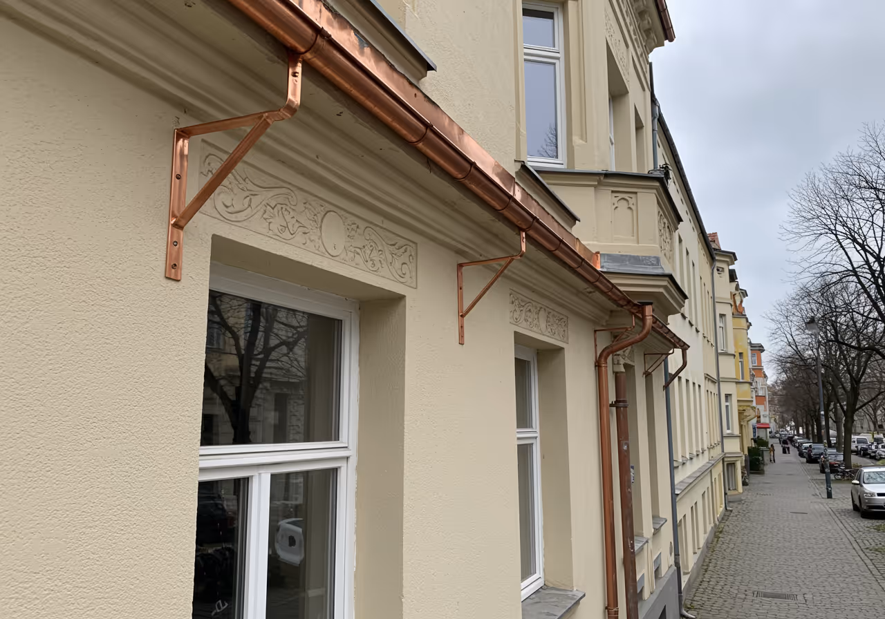 Neue Zink-Dachrinne nach der Montage an einem Einfamilienhaus in Reinickendorf