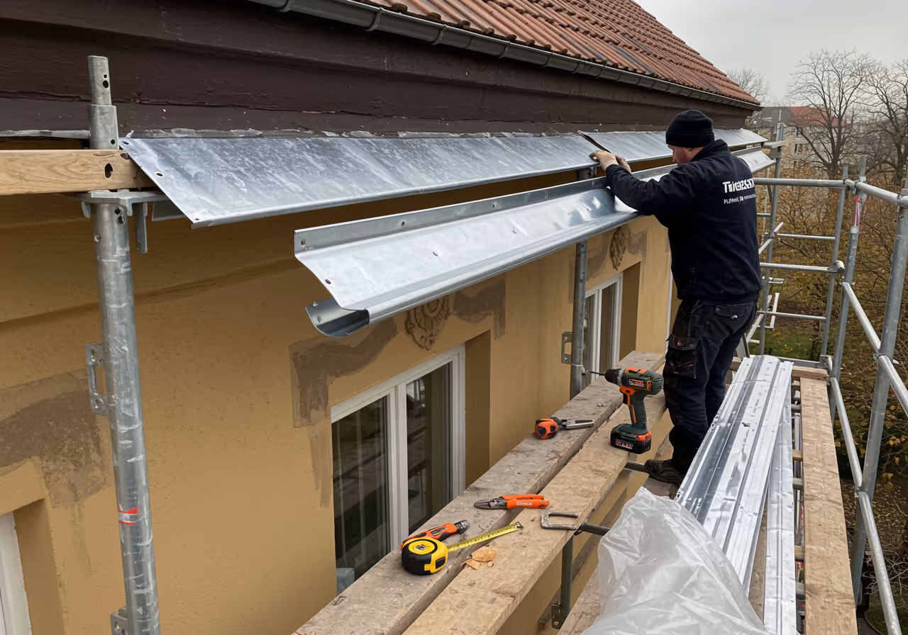 Montage einer neuen Zink-Dachrinne an einer Berliner Villa