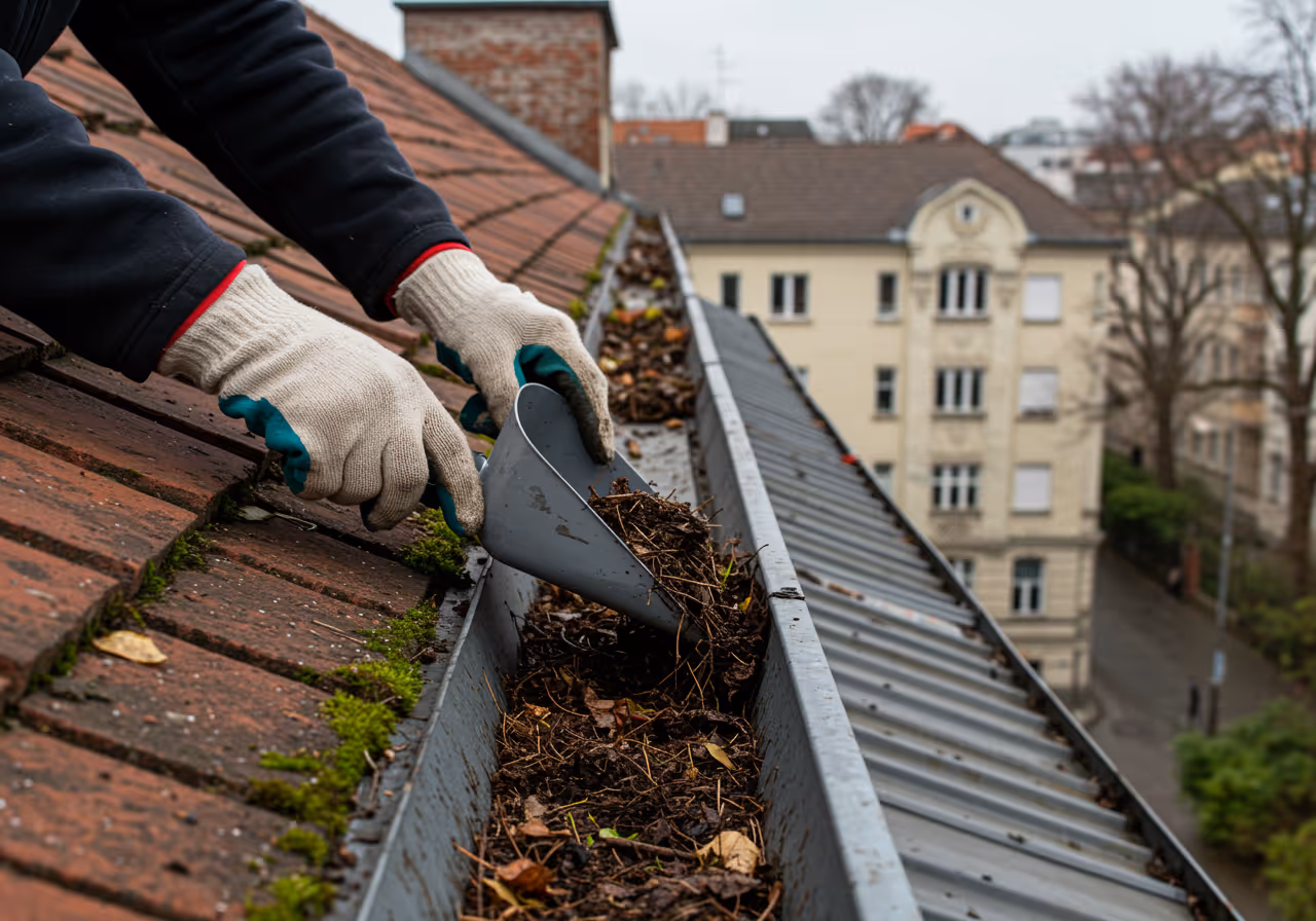 Dachrinnenreinigung per Vakuumsauger an einem Berliner Altbau im Herbst