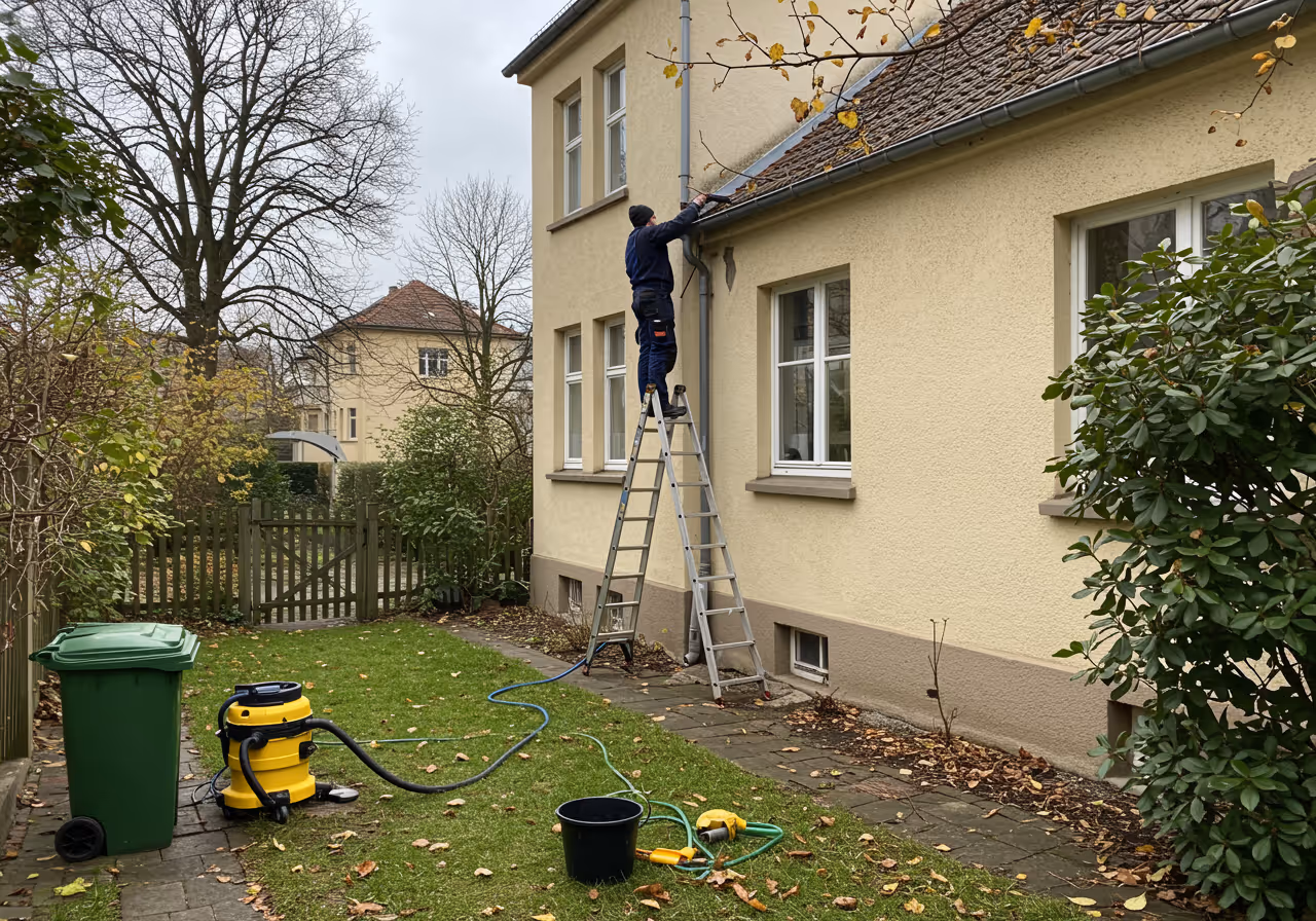 Dachrinnenreinigung mit Handschaufel an einer Berliner Zink-Dachrinne