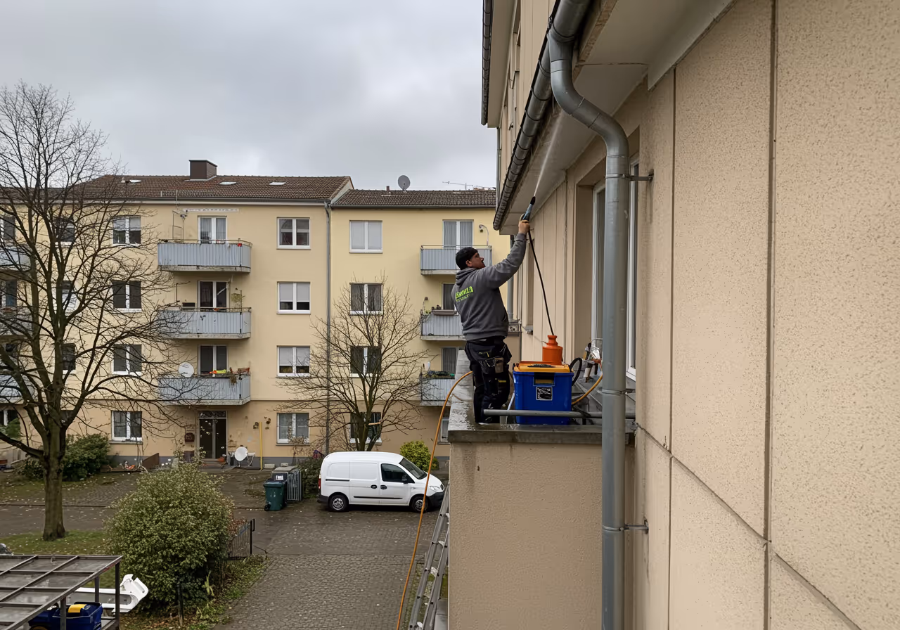 Professionelle Fallrohrreinigung mit Hochdruckspülung an einem Berliner Mehrfamilienhaus