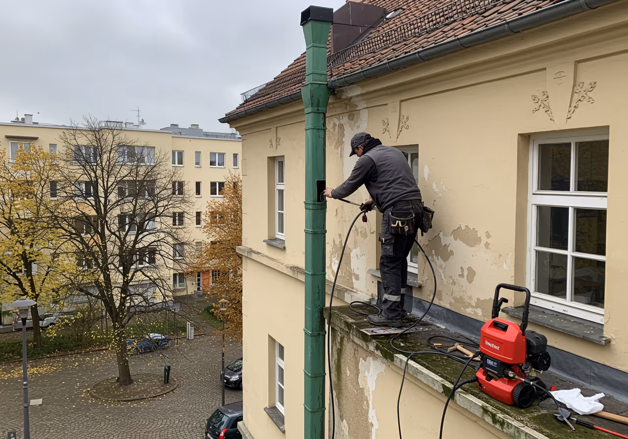 Fallrohrreinigung mit Spirale an einem Berliner Altbau-Regenfallrohr