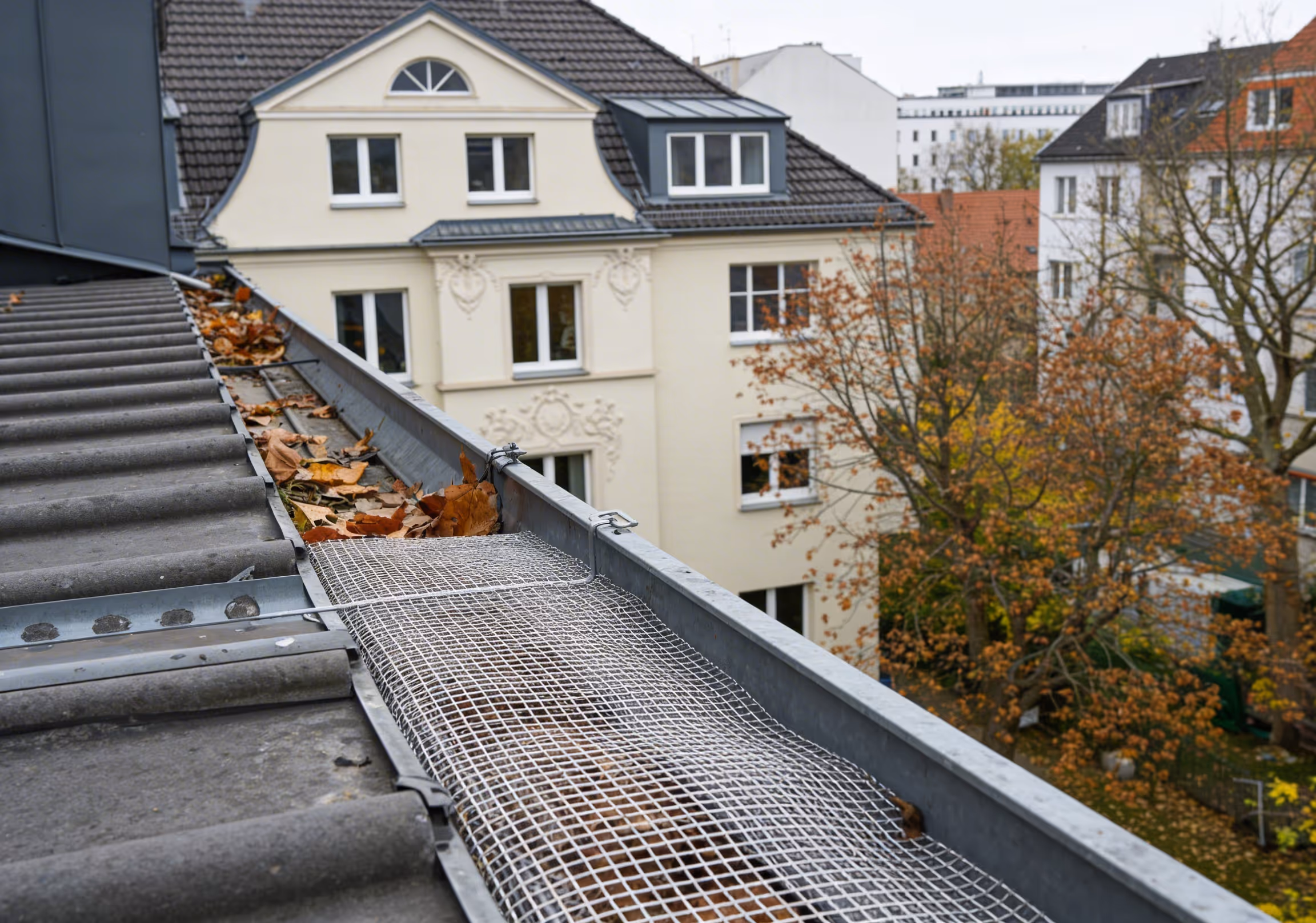 Dachrinnenbürste als Laubschutz in einer Zinkrinne — Montage an Berliner Villa