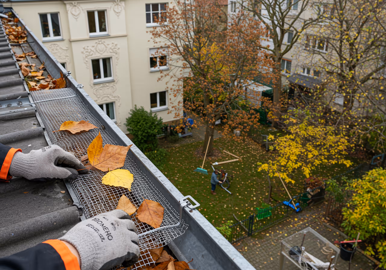 Laubschutz-Gitter wird in eine Dachrinne an einem Berliner Einfamilienhaus montiert