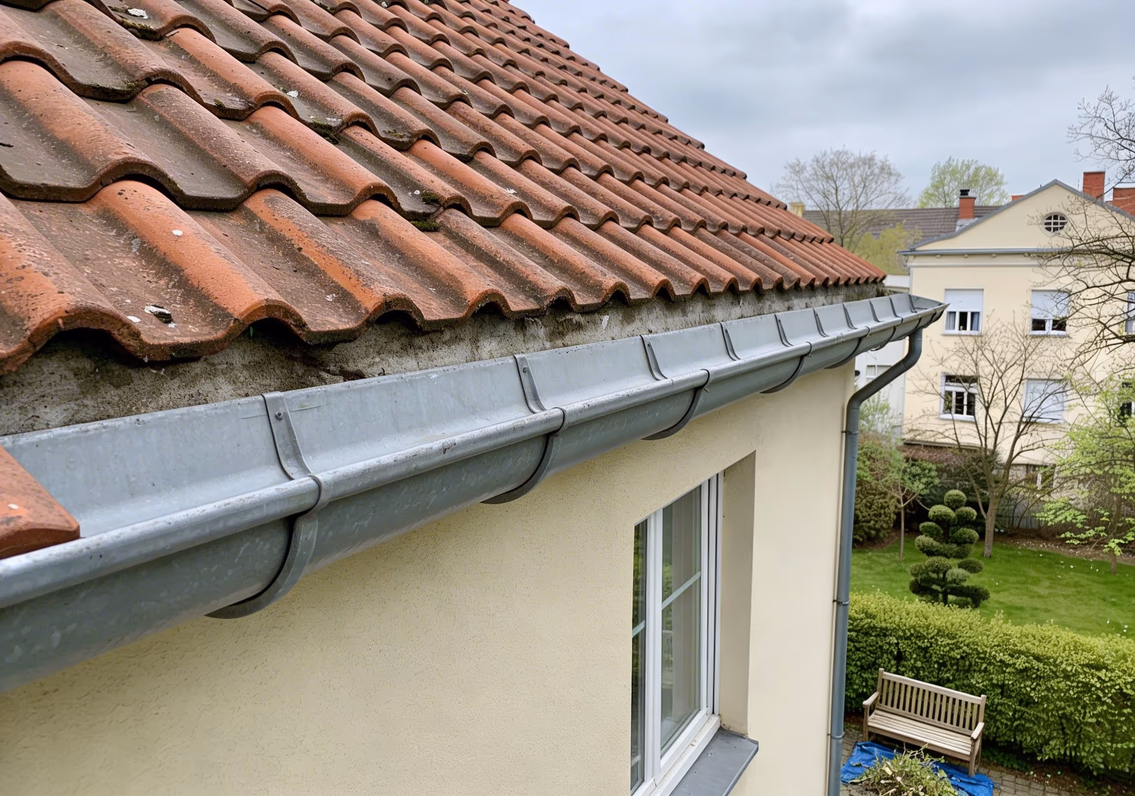 Gereinigte Dachrinne nach Entfernung der Vegetation an einem Spandauer Einfamilienhaus