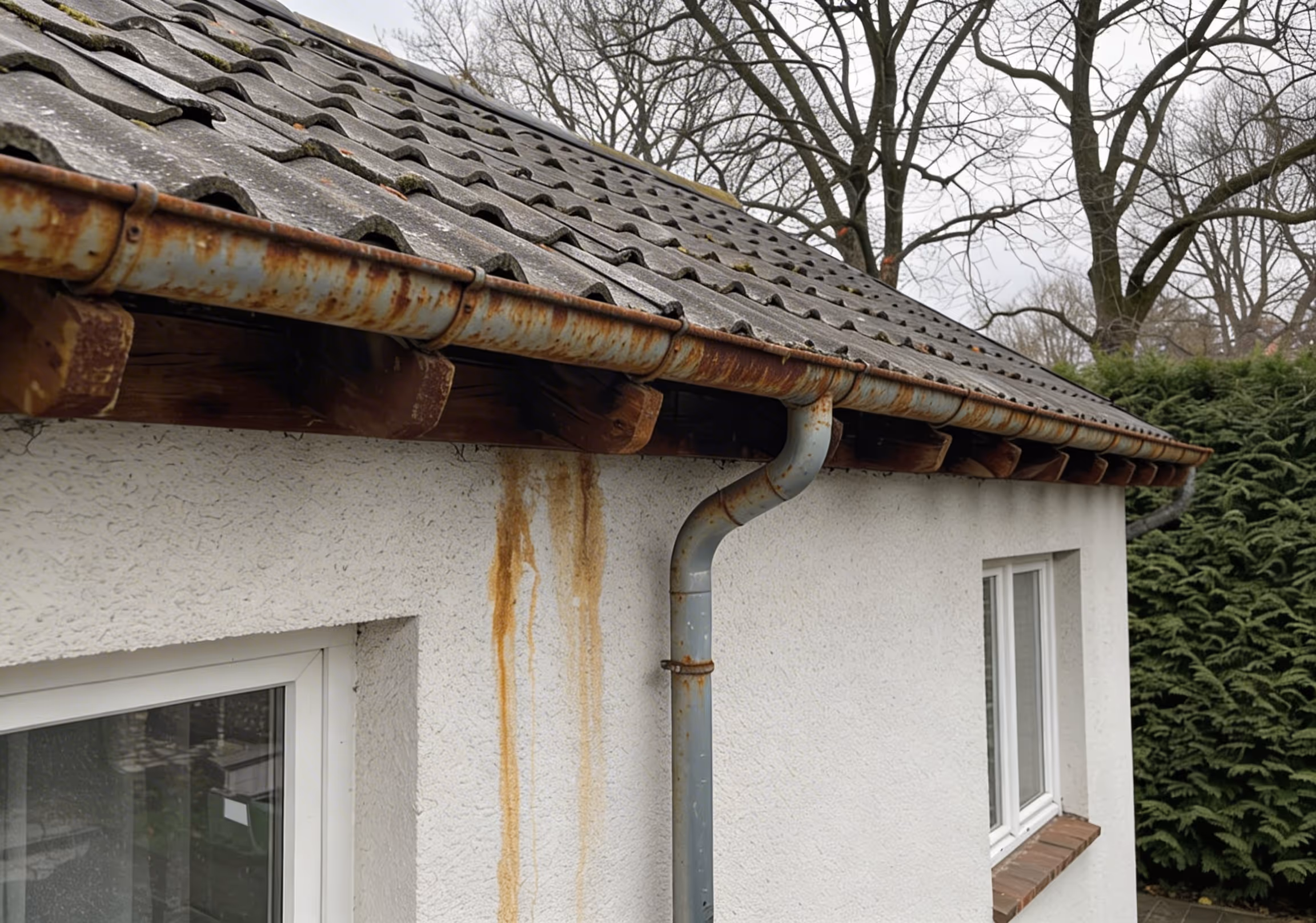 Durchgerostete alte Zink-Dachrinne an einem Reinickendorfer Einfamilienhaus — vor dem Austausch