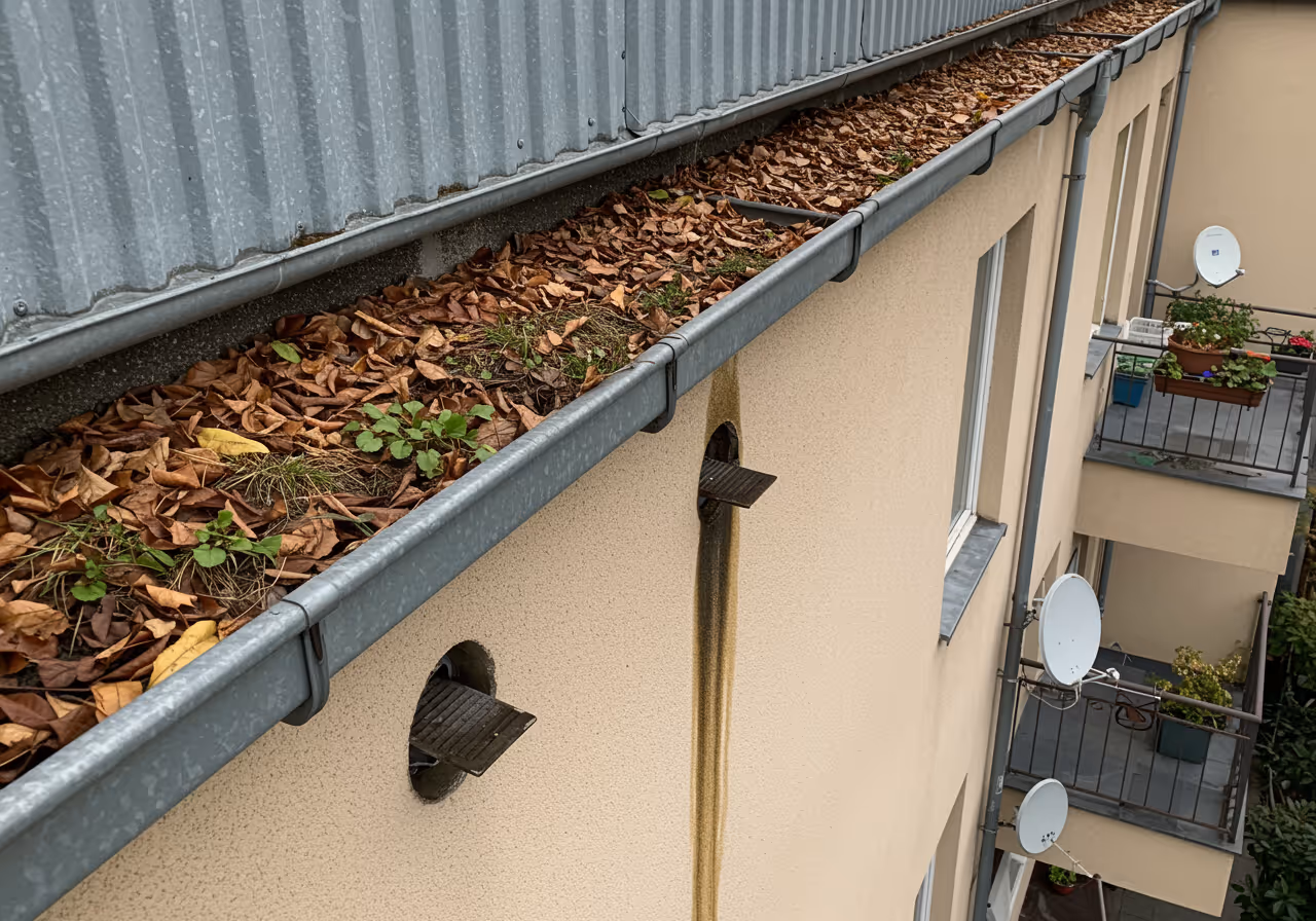 Verstopfte Flachdach-Dachrinne an einem Gewerbegebäude in Lichtenberg — vor der Reinigung