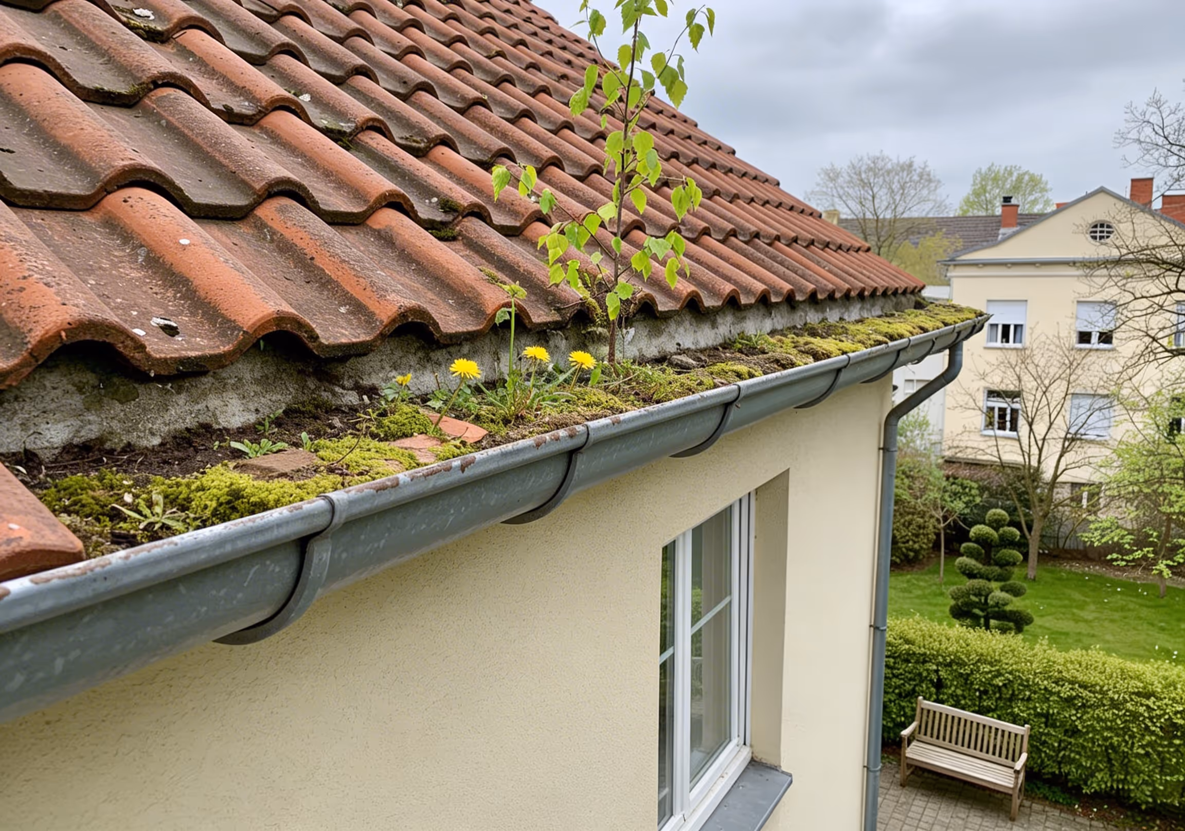 Komplett überwucherte Dachrinne mit Birkensämling an einem Spandauer Einfamilienhaus — vor der Reinigung