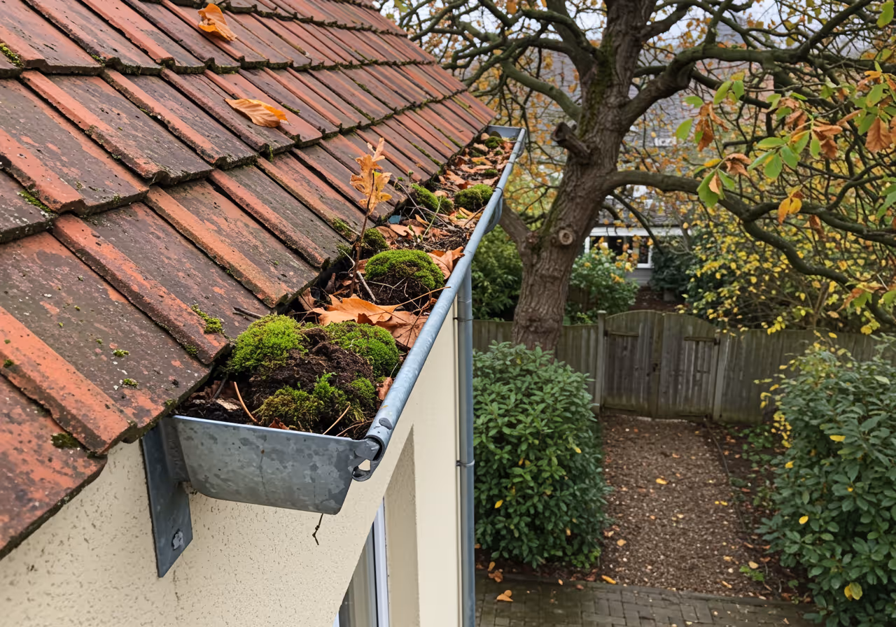 Undichte Kupfer-Dachrinne an einem Charlottenburger Altbau — vor der Reparatur