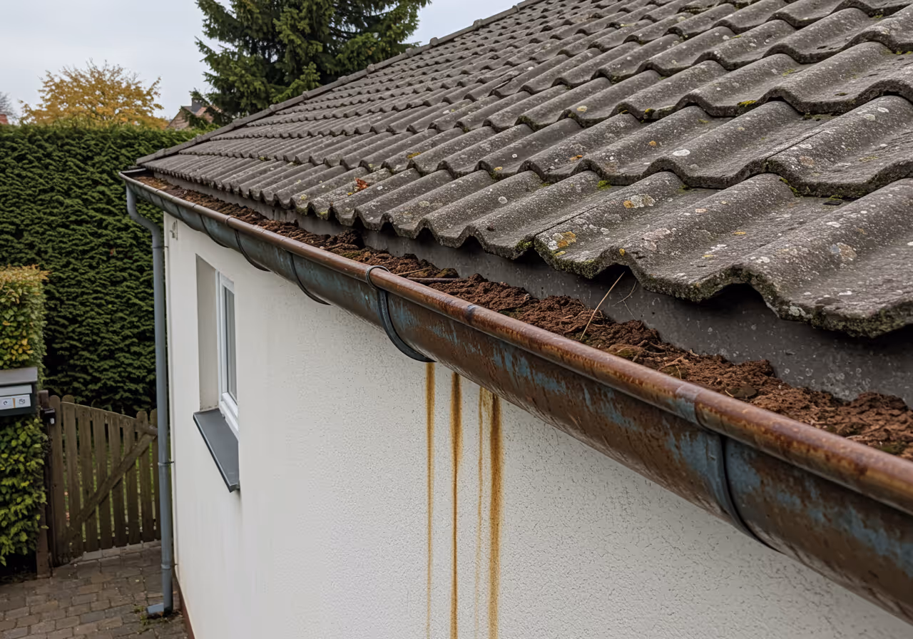 Stark verschmutzte Dachrinne an einem Pankower Mehrfamilienhaus — vor der Reinigung