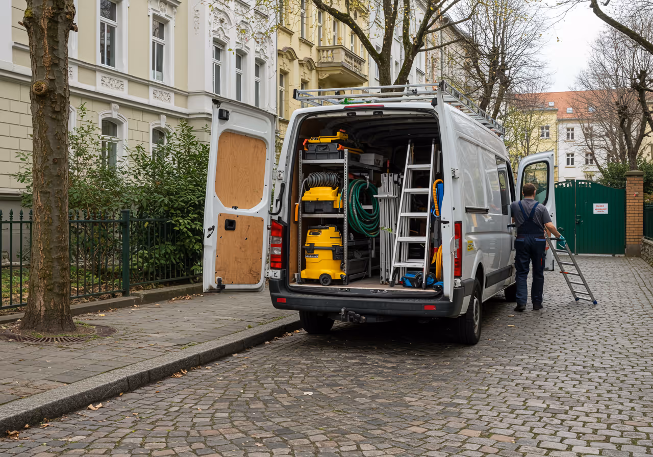 Professionell ausgestattetes Servicefahrzeug für Dachrinnenreinigung in Berlin